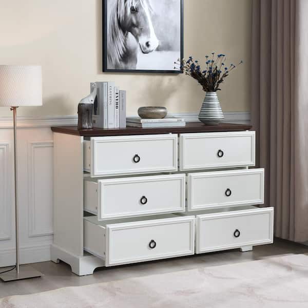 Unbranded Farmhouse White 6-Drawer 47.25 in. Wide Chest of Drawers Wood Double Dresser w/6 Storage Drawer Storage Drawers Cabinet