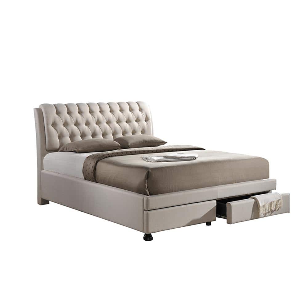 King Light Beige Upholstered Storage Bed with Tufted Headboard