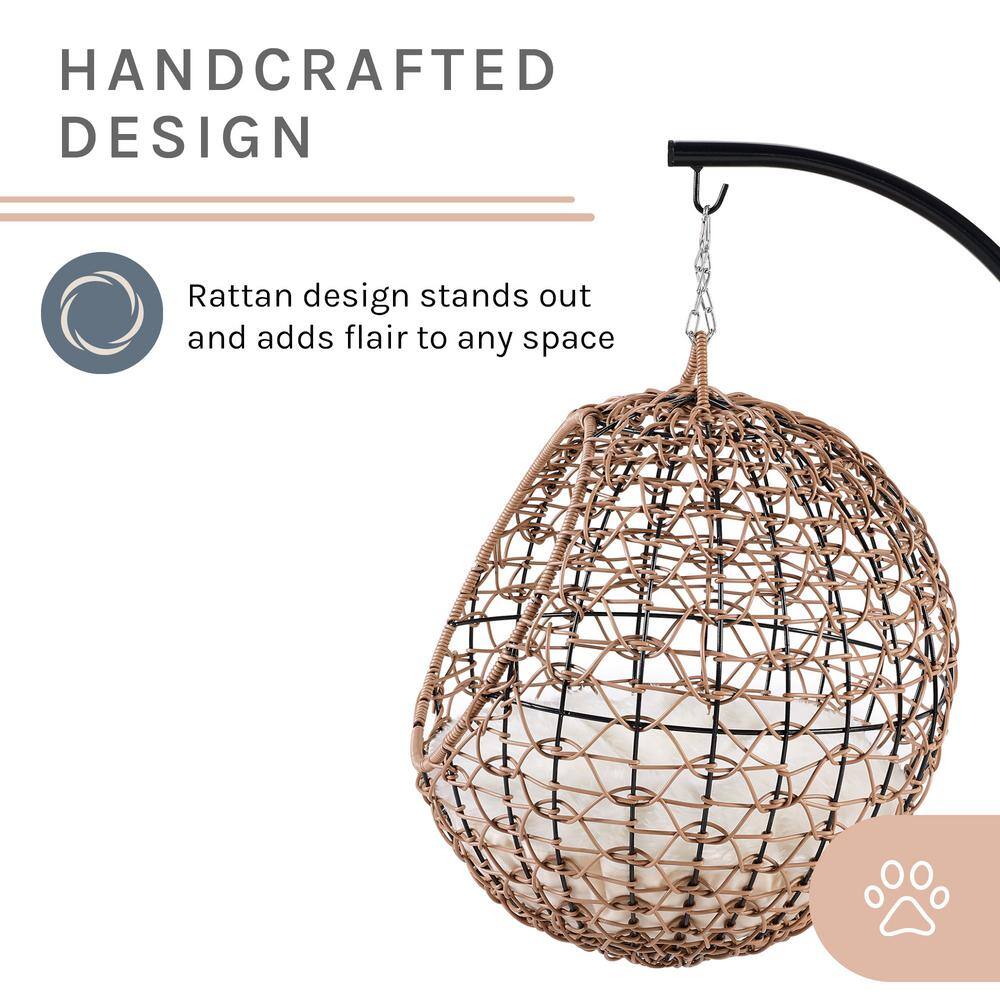 Medium Brown Rattan Hanging Egg Cat Condo with Cotton Cushion