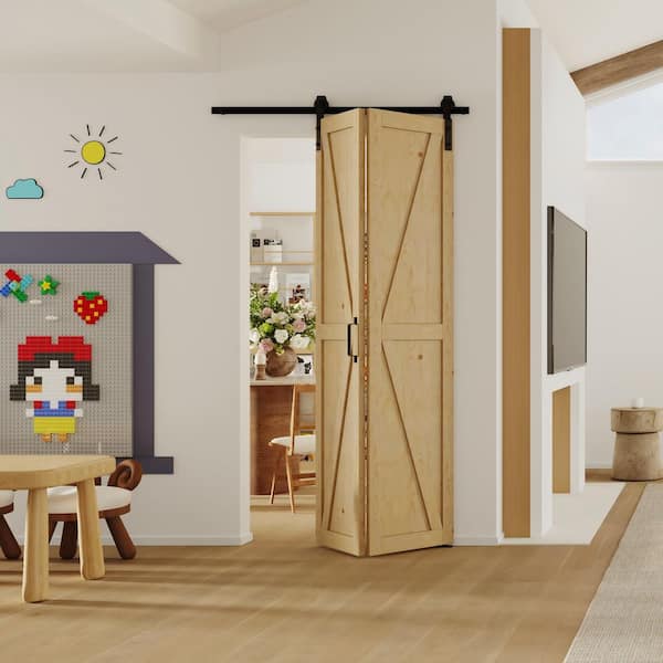 42 in. x 84 in. K-Shape Primed Pine Wood Bi-Fold Style Sliding Barn Door Slab with Hardware Kit Set