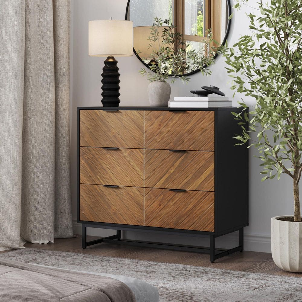 Nathan James Enloe Brushed Fir 3-Drawer 37 in. Bohemian Dresser with Herringbone Accent, Wood Veneer Finish, Metal Legs and Handles