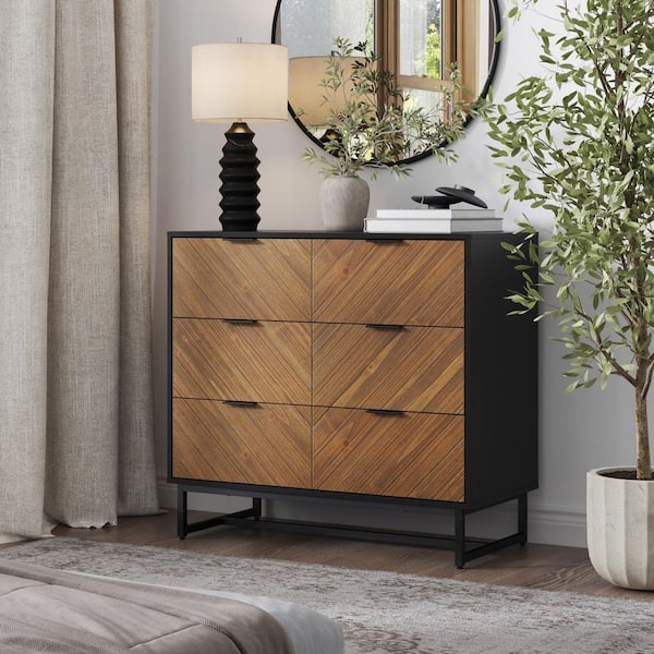 Enloe Brushed Fir 3-Drawer 37 in. Bohemian Dresser with Herringbone Accent, Wood Veneer Finish, Metal Legs and Handles