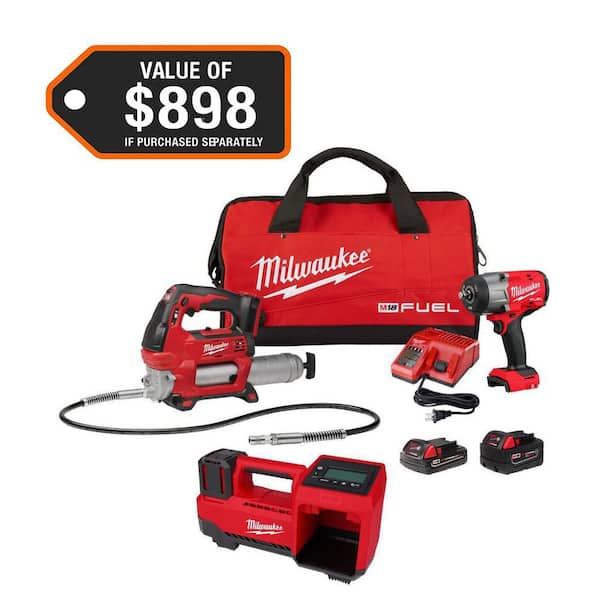 M18 FUEL 18V Lithium-Ion Brushless Cordless High Torque 1/2 in. Impact Wrench & Grease Gun Combo Kit w/ M18 Inflator