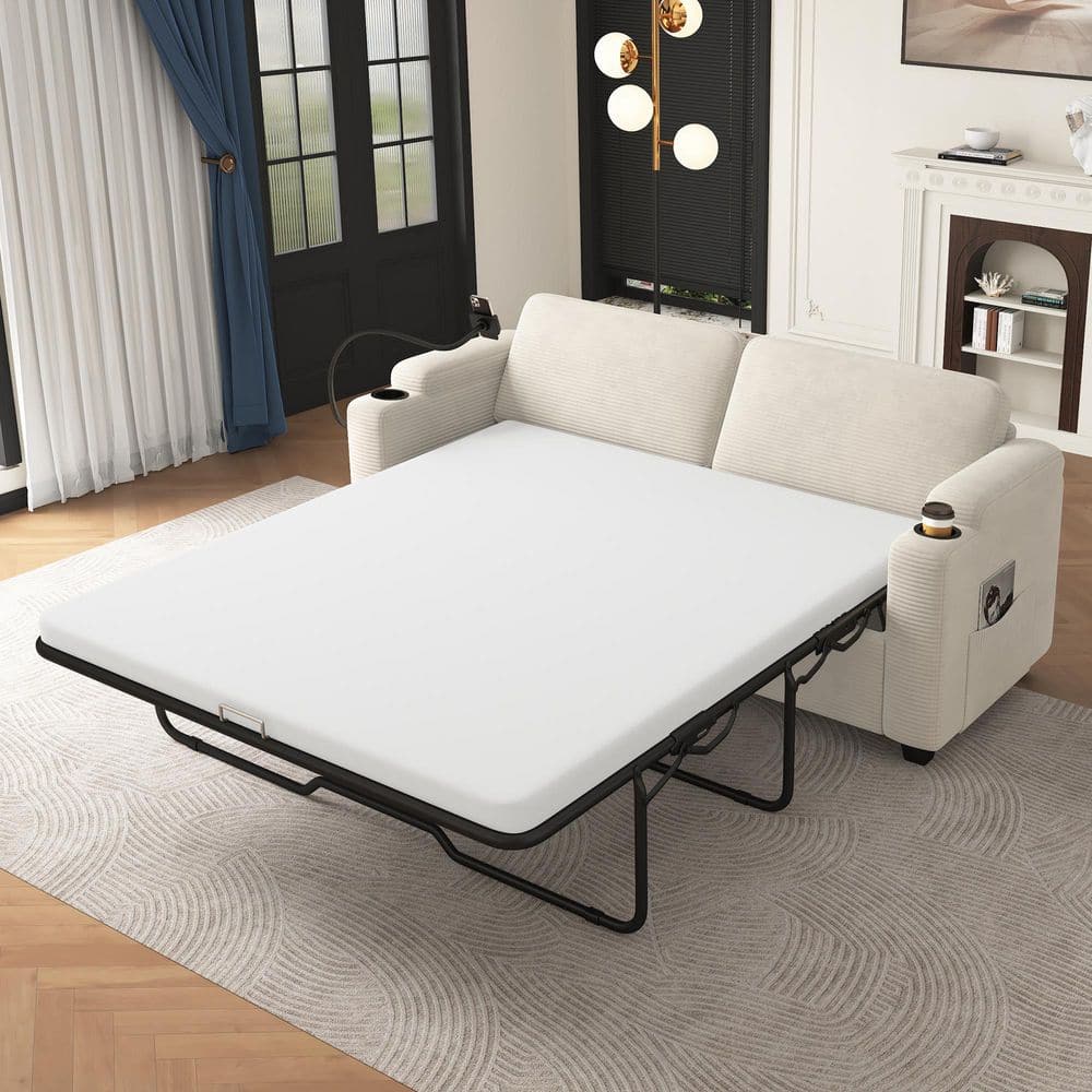Convertible 72.8 in. Beige Corduroy Fabric Full Size Sofa Bed with Memory Foam Mattress, Side Pockets, Phone Holder price history on PriceWatchPro