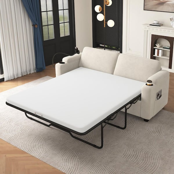 Convertible 72.8 in. Beige Corduroy Fabric Full Size Sofa Bed with Memory Foam Mattress, Side Pockets, Phone Holder