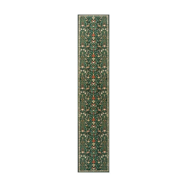 Vintage Christmas Woodland Floral Pattern Non Slip Green 2 ft. x 10 ft. Living Room/Bedroom Indoor Runner Rug