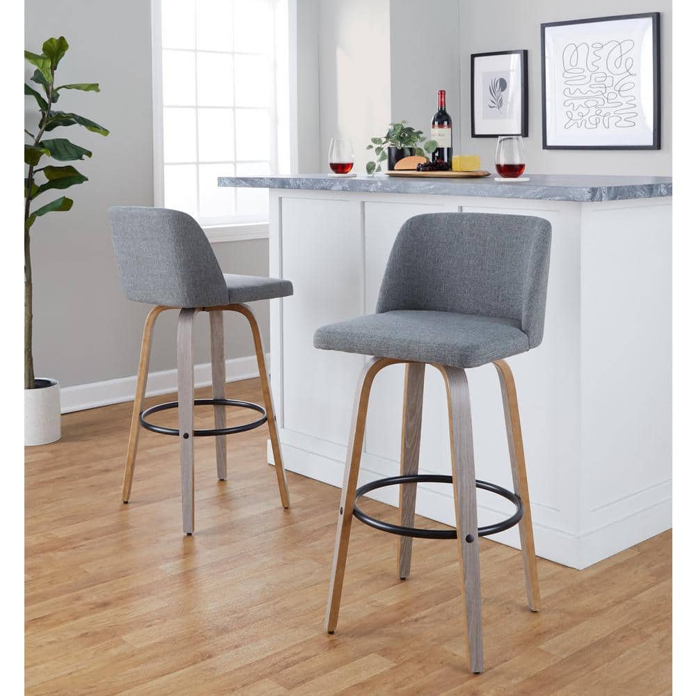 Gray Upholstered Swivel Barstool with Light Wood Legs