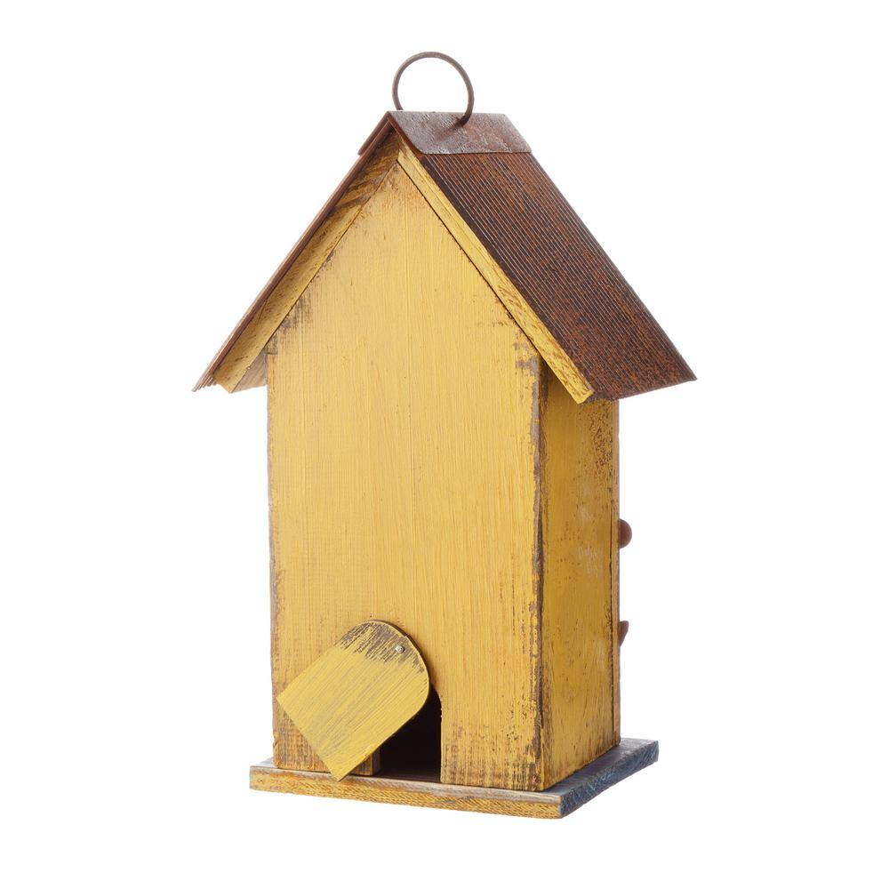 Yellow Distressed Solid Wood Birdhouse with 3D Flowers