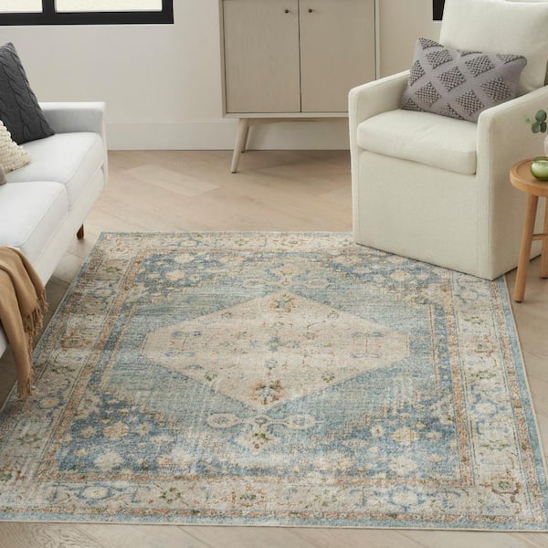 Astra Machine Washable Silver Blue 4 ft. x 6 ft. Center medallion Traditional Area Rug