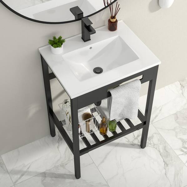 24 in. Ceramic White Single Bowl Sink and Stainless Steel Base in Matte Black Combo with Overflow