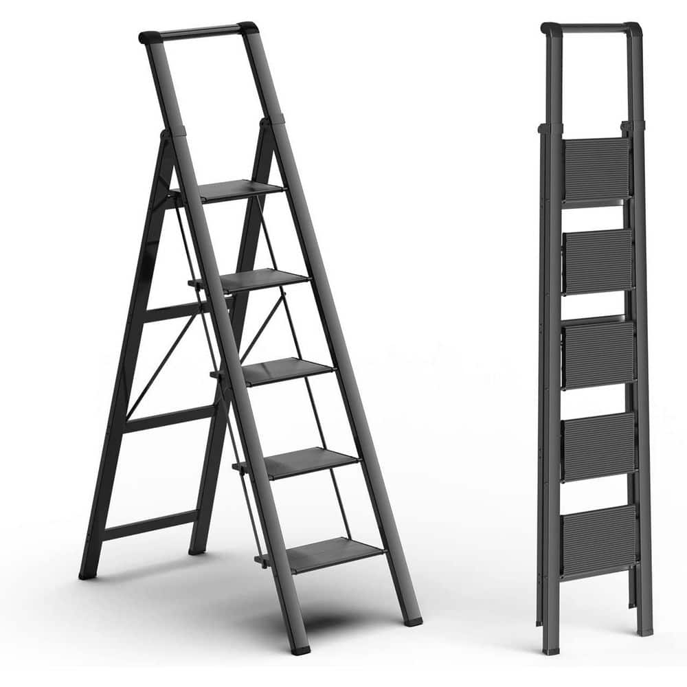 5 Step Lightweight Aluminum Ladder Folding Step Stool Ladder, Space Saving 