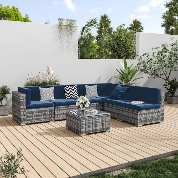 ELPOSUN 7 Seat 6-Piece Wicker Outdoor Patio Conversation Sectional Deep Seating Sofa Set with Navy Cushions, Coffee Table