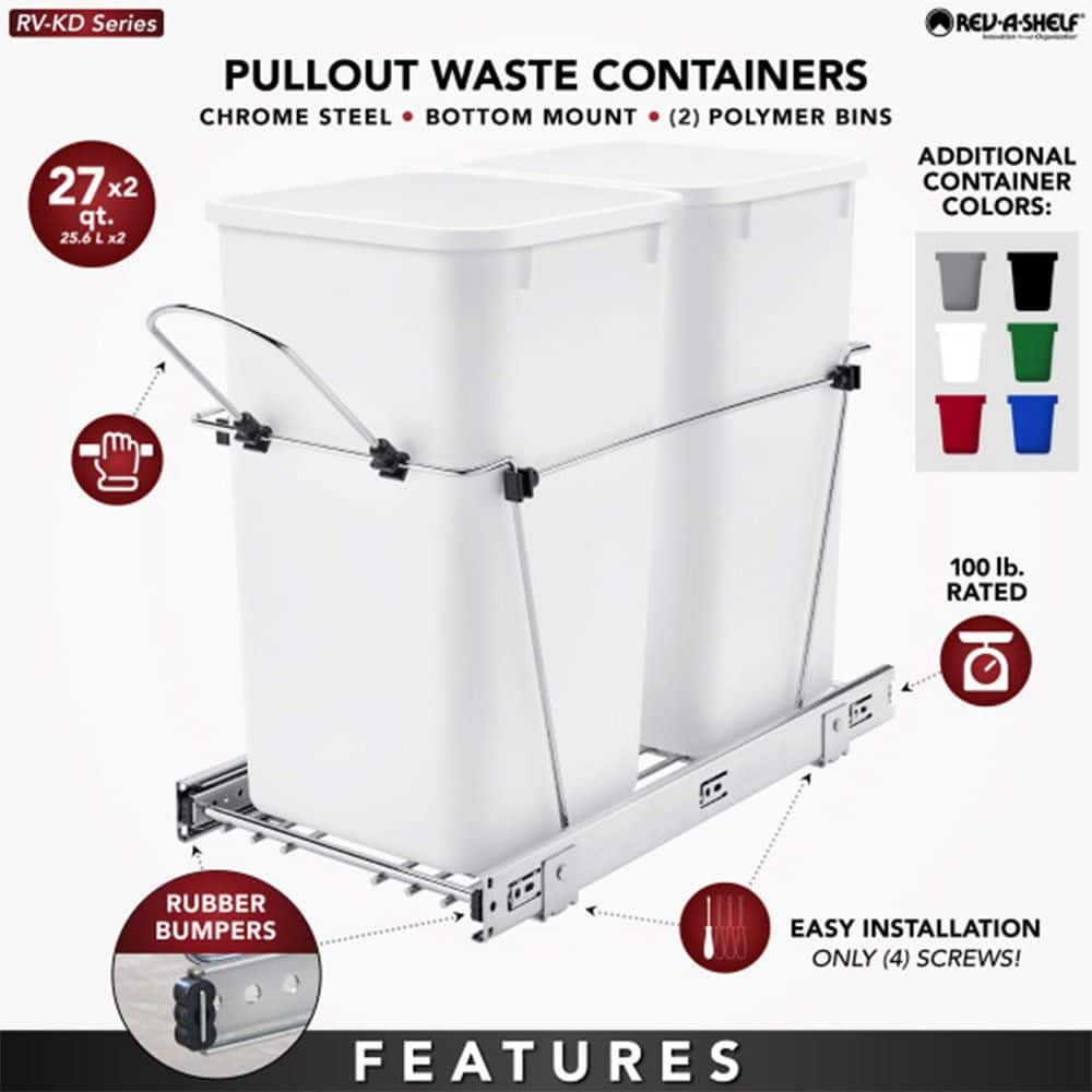 White Double 27 Quart Pull-Out Kitchen Trash Bin
