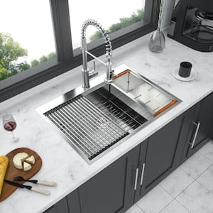 33 in. Drop-In Single Bowl 16 Gauge Brushed Nickel Stainless Steel Kitchen Sink with Bottom Grids