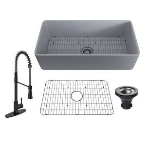 Matte Gray Fireclay 36 in. Single Bowl Farmhouse Apron Kitchen Sink with Matte Black Spring Pull Down Faucet Kit