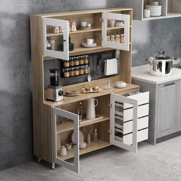 63 in. W Kitchen Light Brown Wood Buffet Sideboard Pantry Cabinet with Glass Doors, 4-Drawers, Hooks, Open Shelves