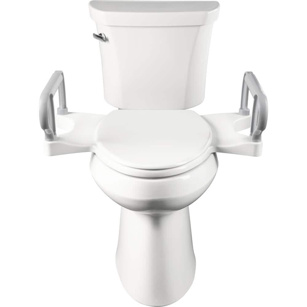 Elongated White Plastic Toilet Seat with Support Handles
