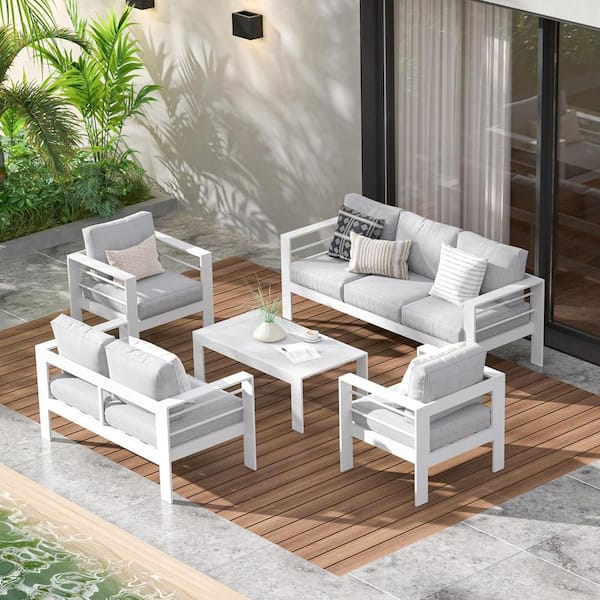 AUTMOON 5-Piece Aluminum Outdoor Patio Furniture Set, Patio Conversation Set with Light Gray Cushion and Coffee Table