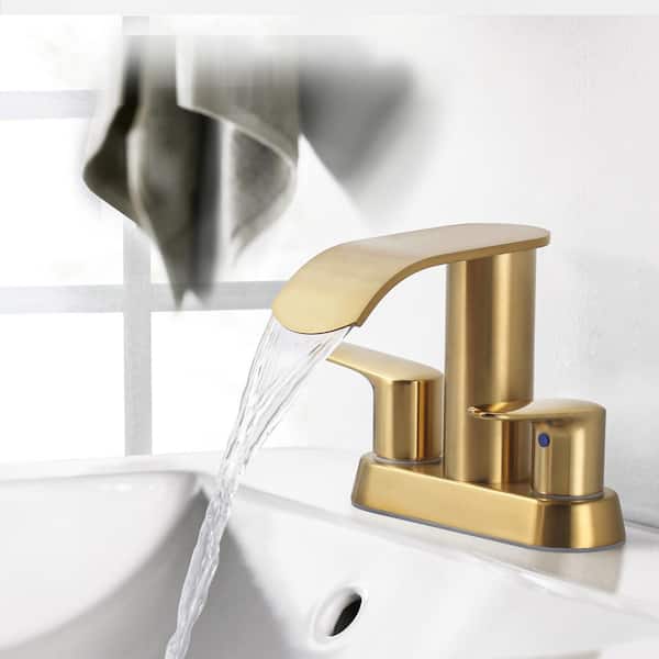 4 in. Centerset Double Handle Waterfall Bathroom Faucet with Drain Kit and Supply Lines Included in Brushed Gold