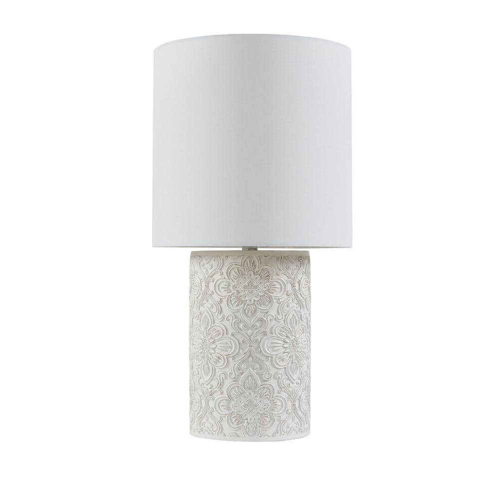Ivory Floral Embossed Resin Cylinder Table Lamp with 3-Way Switch