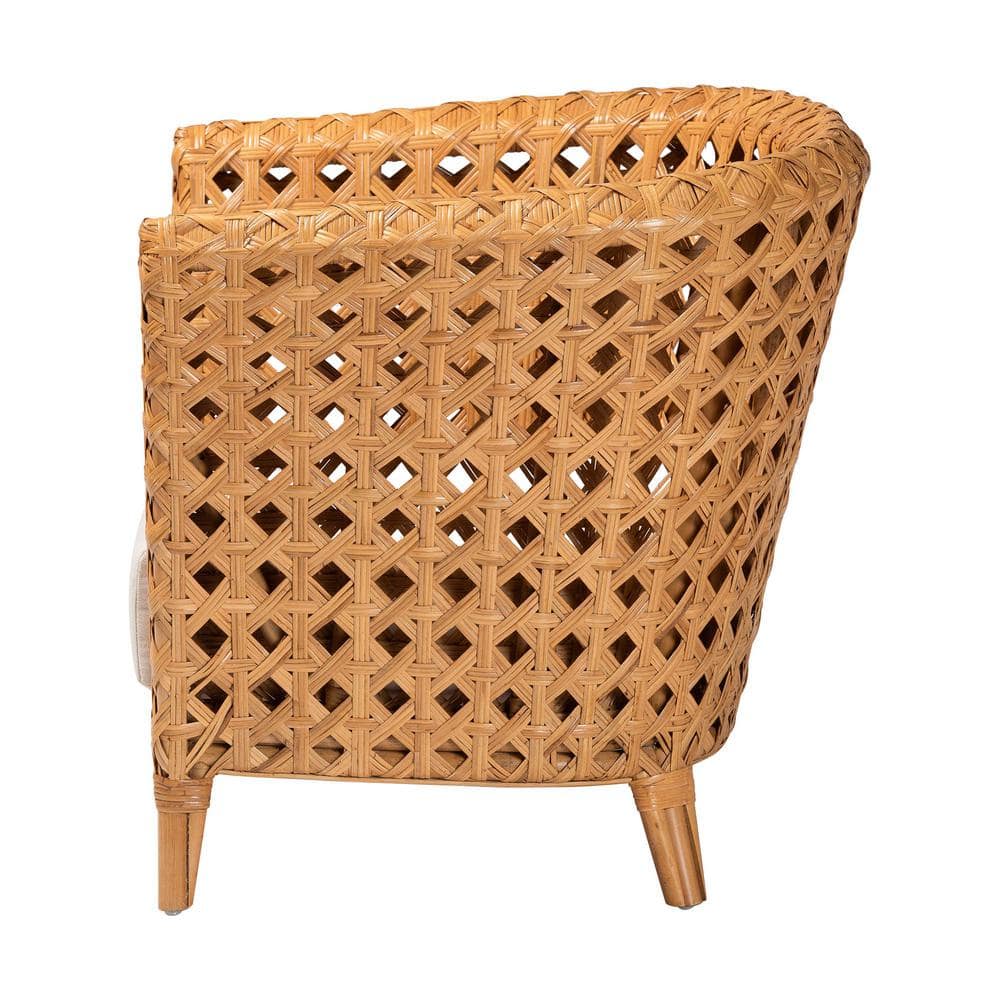 Handcrafted Natural Rattan Bohemian Accent Chair with White Cushion