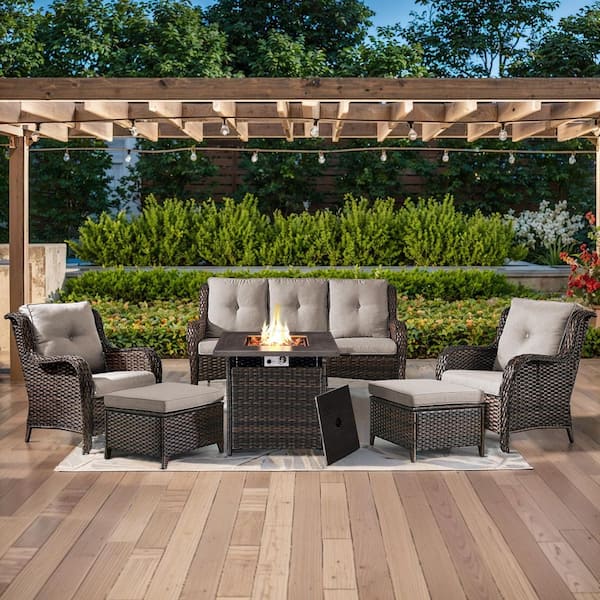 ArcoBay 6-Piece Brown Frame Wicker Patio Square Fire Pit Conversation Set with Beige Cushions and Ottomans