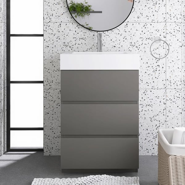 24 in. W x 18.1 in. D x 37 in. H Single Sink Freestanding Bath Vanity in Gray with White Solid Surface Top