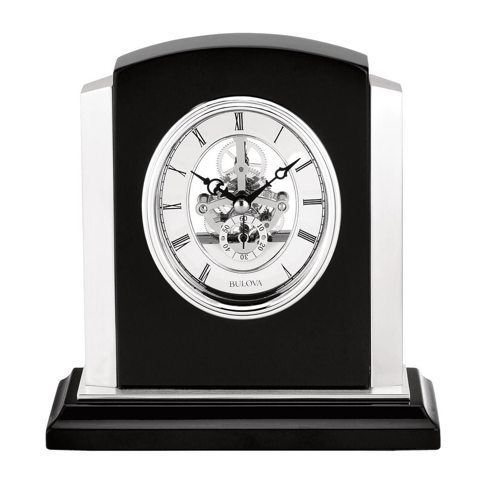 Faith Skeleton Table Clock in Ebony, Quartz Movement with Wood Frame Accented in Metal Roman Numerals -  Bulova, B1715