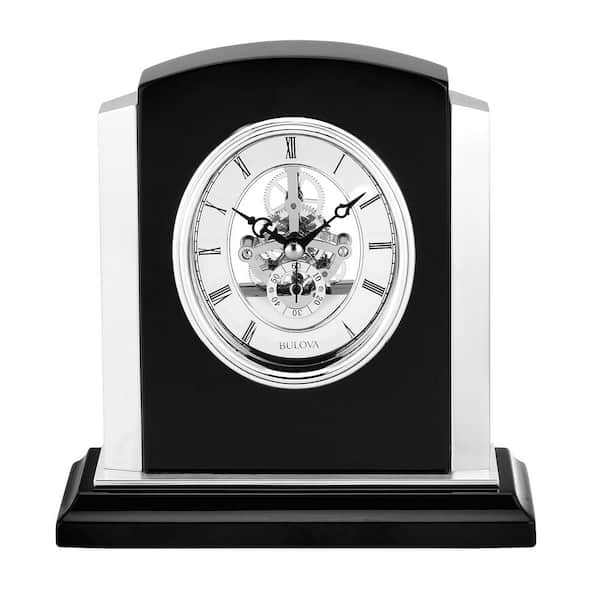 Bulova Faith Skeleton Table Clock in Ebony, Quartz Movement with Wood Frame Accented in Metal Roman Numerals