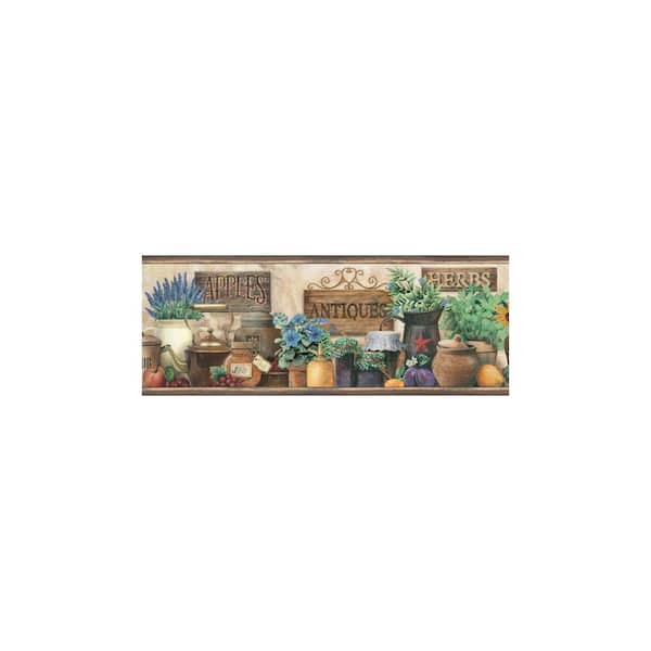 Chesapeake Marche Green Antique Herbs Portrait Brown Wallpaper Border Sample