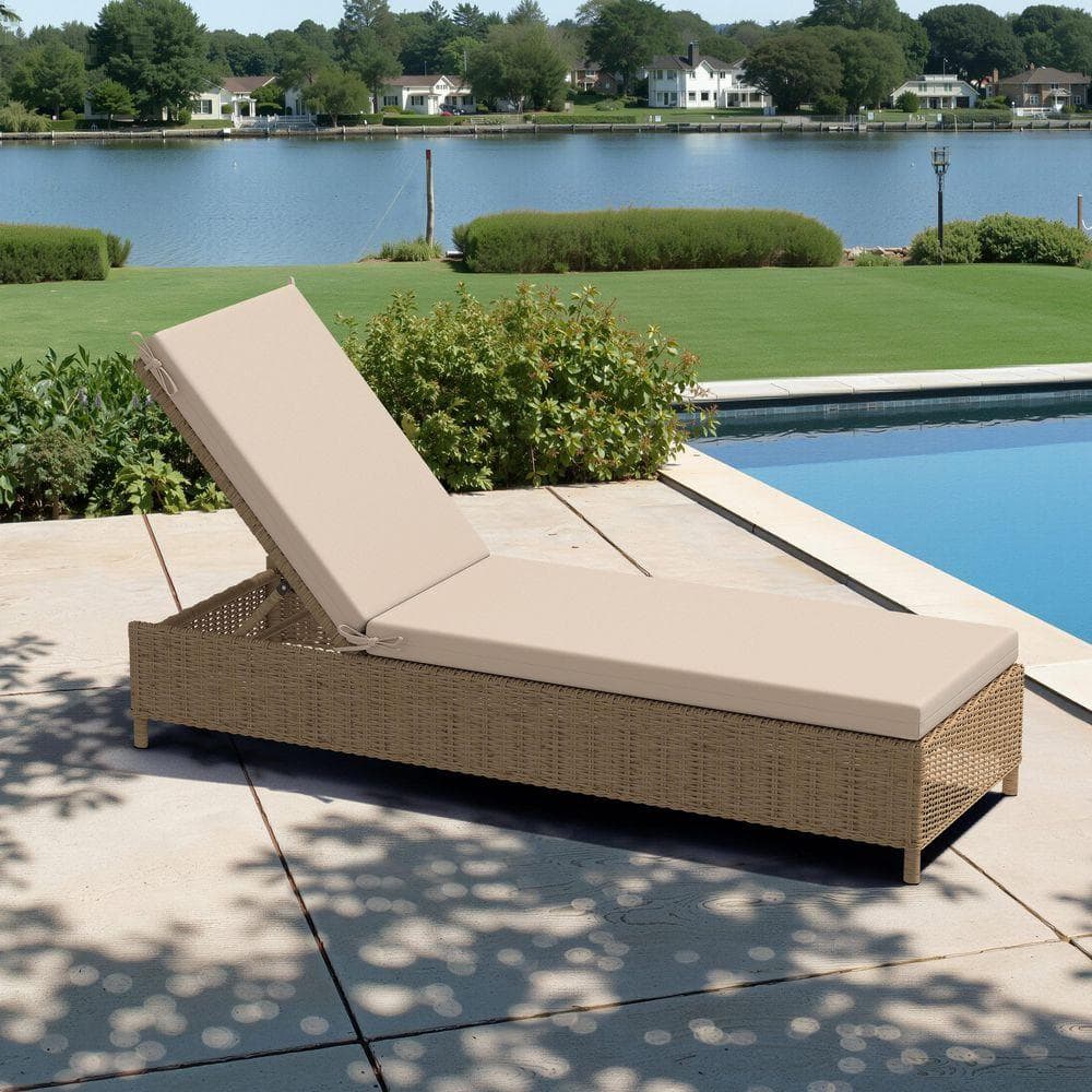 80 in. x 23 in. Outdoor Chaise Lounge Cushion with Ties and Removable Cover Patio Lounger Chair Cushion in Beige