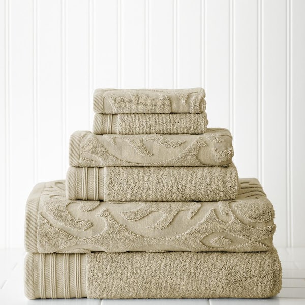 MODERN THREADS 6-Piece Taupe Jacquard/Solid towel set-Medallion Swirl