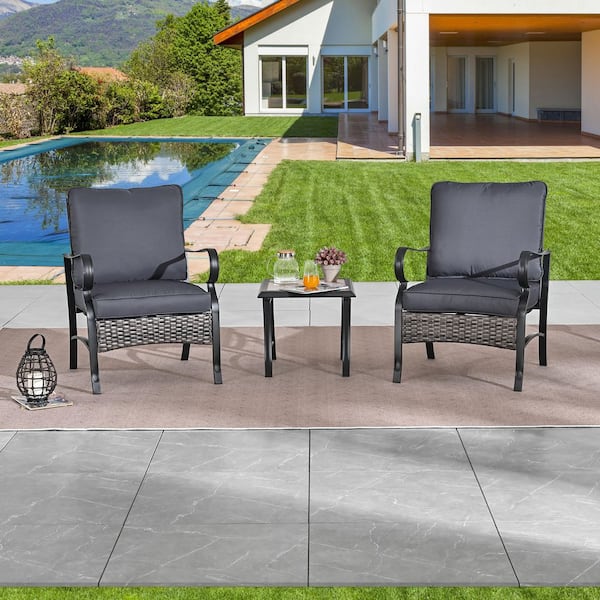 TOP HOME SPACE 3-Piece Metal Outdoor Conversation Chairs Set with Grey Cushions