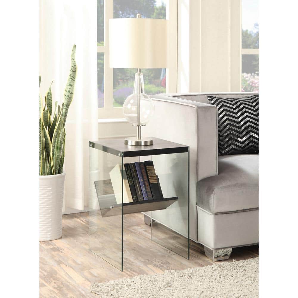 Modern Weathered Grey Wood and Glass Square End Table with Shelf