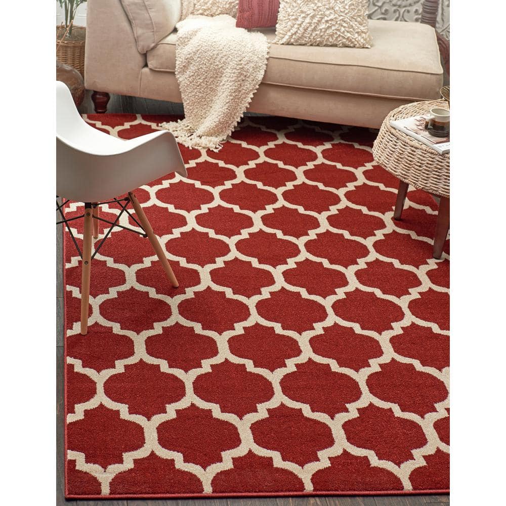 Red and Beige Trellis Synthetic Rectangular Area Rug