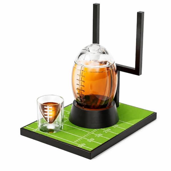 Football Whiskey Decanter Set with 2 Glasses 37 oz Capacity Handcrafted Lead-Free Glass and Wood Stand