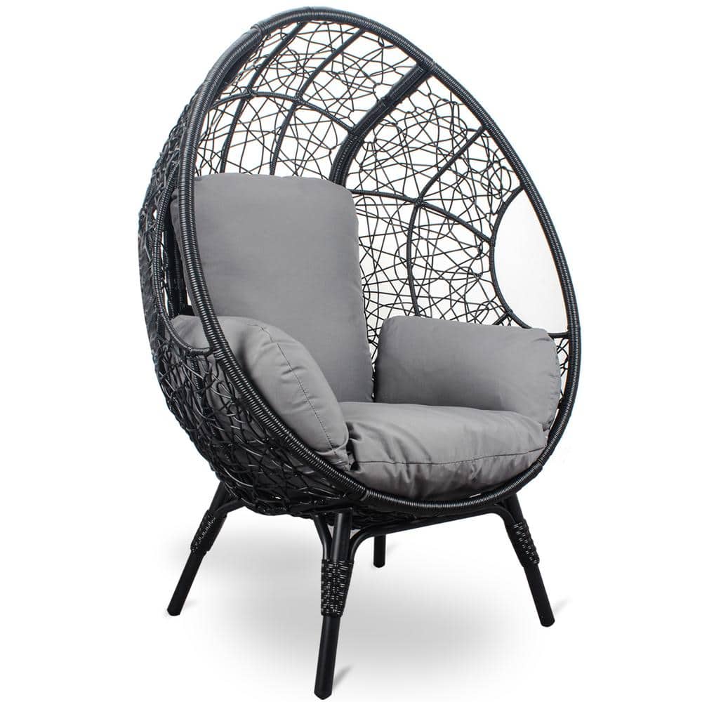 Patio Outdoor Indoor PE Wicker Egg Chair Lounge Chair with Black Rattan Gra