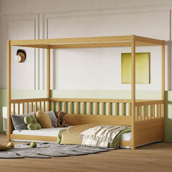 Crispin Montessori Kids Floor Bed Natural Brown Wood Frame Twin Size Canopy Bed with Drop-Down Roof, Safety Rails