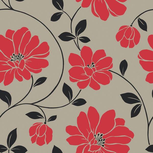 The Wallpaper Company 56 sq. ft. Red, Black and Taupe Large Scale Modern Floral Wallpaper