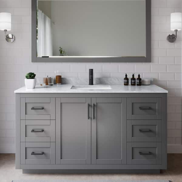 Wyndham Collection Miranda 60 in. W Single Bath Vanity in Dark Gray with Marble Vanity Top in White Carrara with White Basin and Mirror