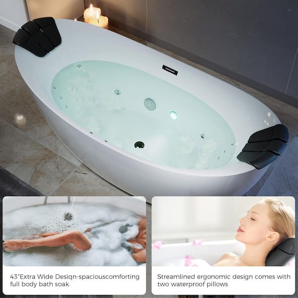 67 in. x 28.7 in. Center Drain Brushed Nickel Freestanding Whirlpool Bathtub Hydrotherapy Lighted Bath-16 Jets in White