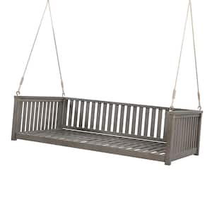 Gray Acacia Wood Hemp Rope Patio Outdoor Porch Swing Bed, Porch Swing with Ropes for Backyard, Safe Sloped Design