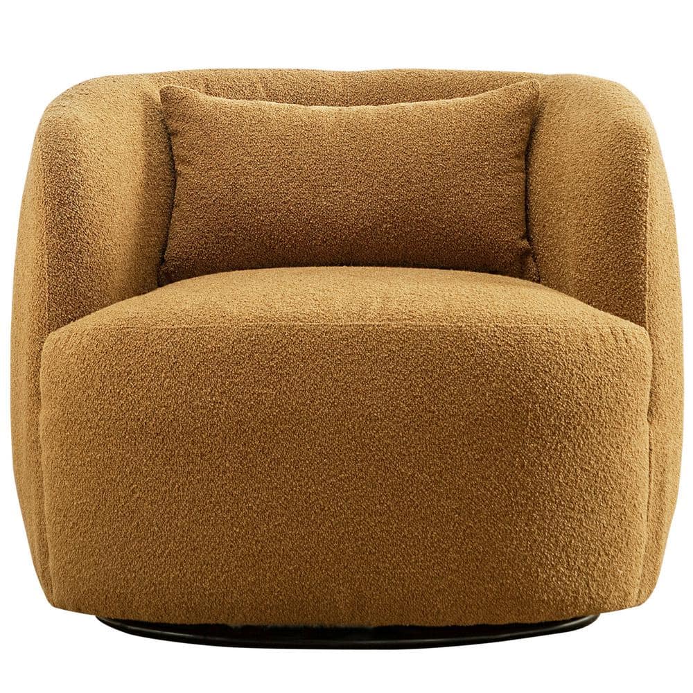 Brown Boucle Swivel Barrel Accent Chair with Pillow
