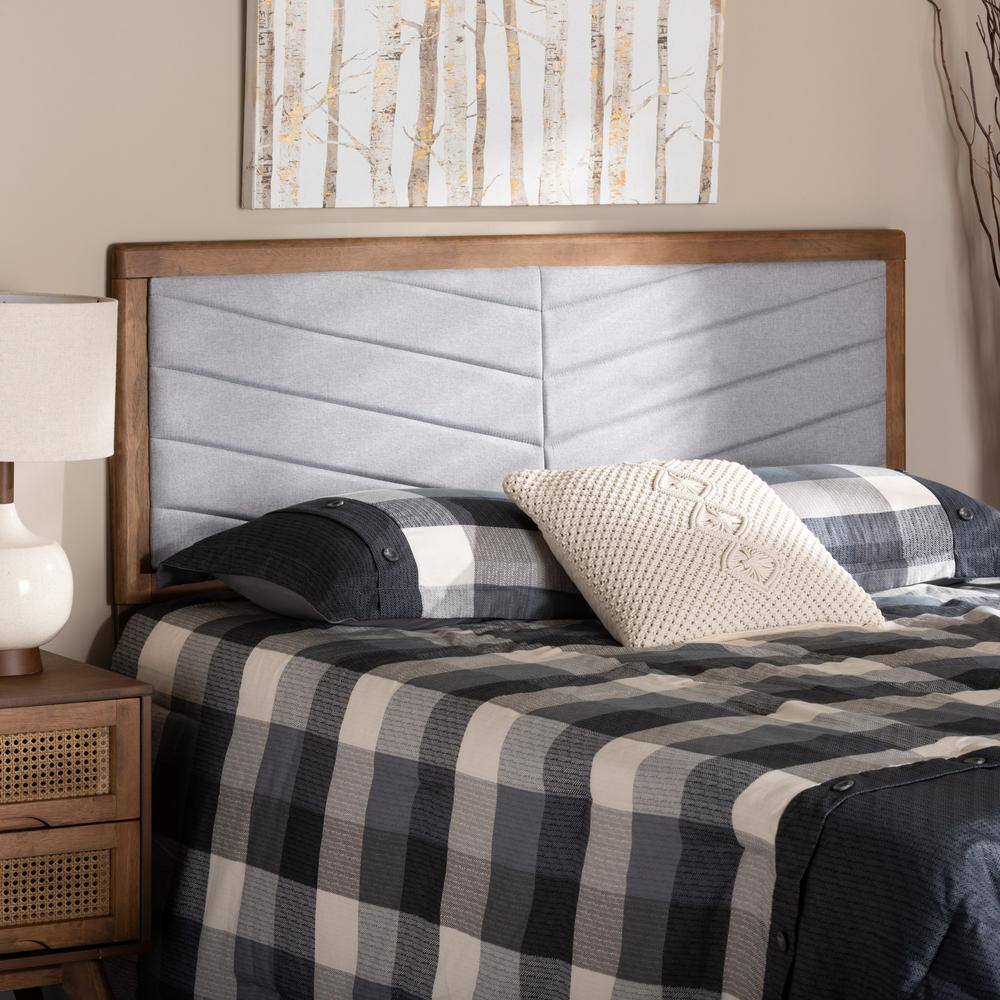 Light Grey Chevron Tufted Fabric and Walnut Wood Full Headboard