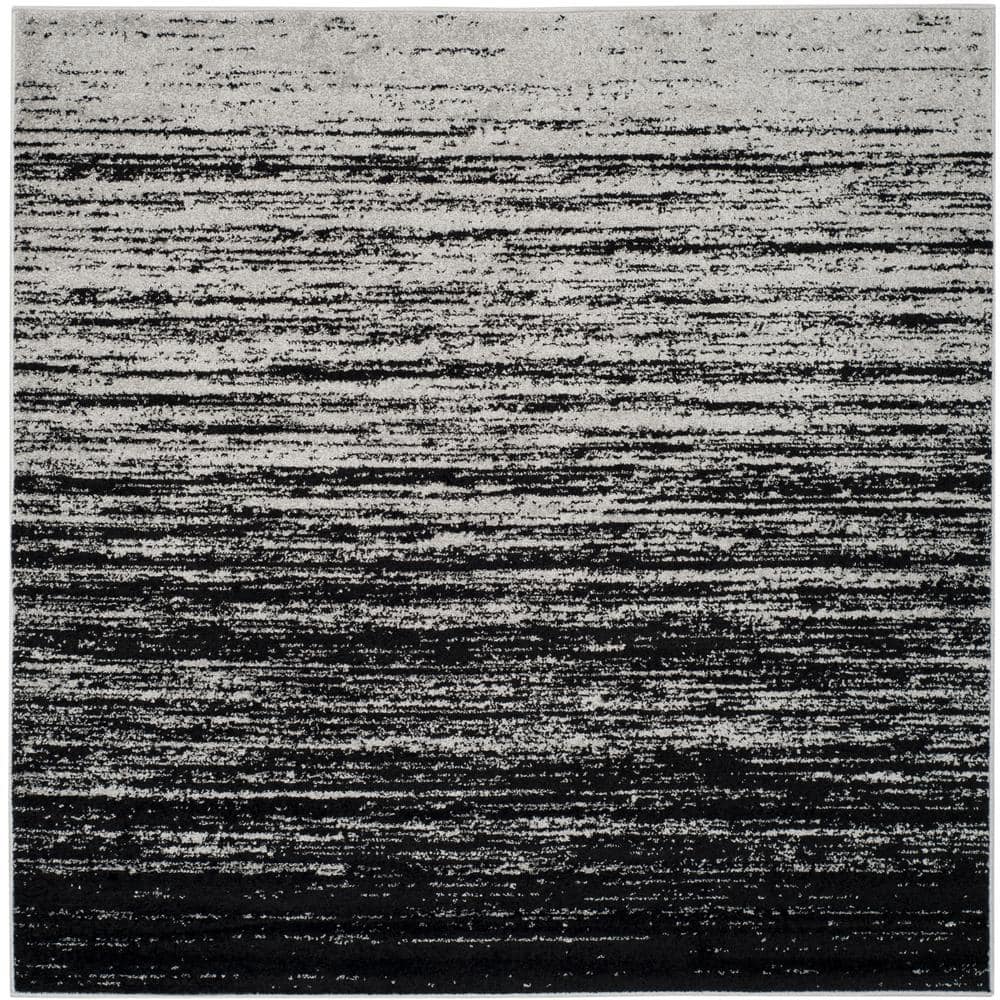 Silver and Black Striped Synthetic Square Area Rug