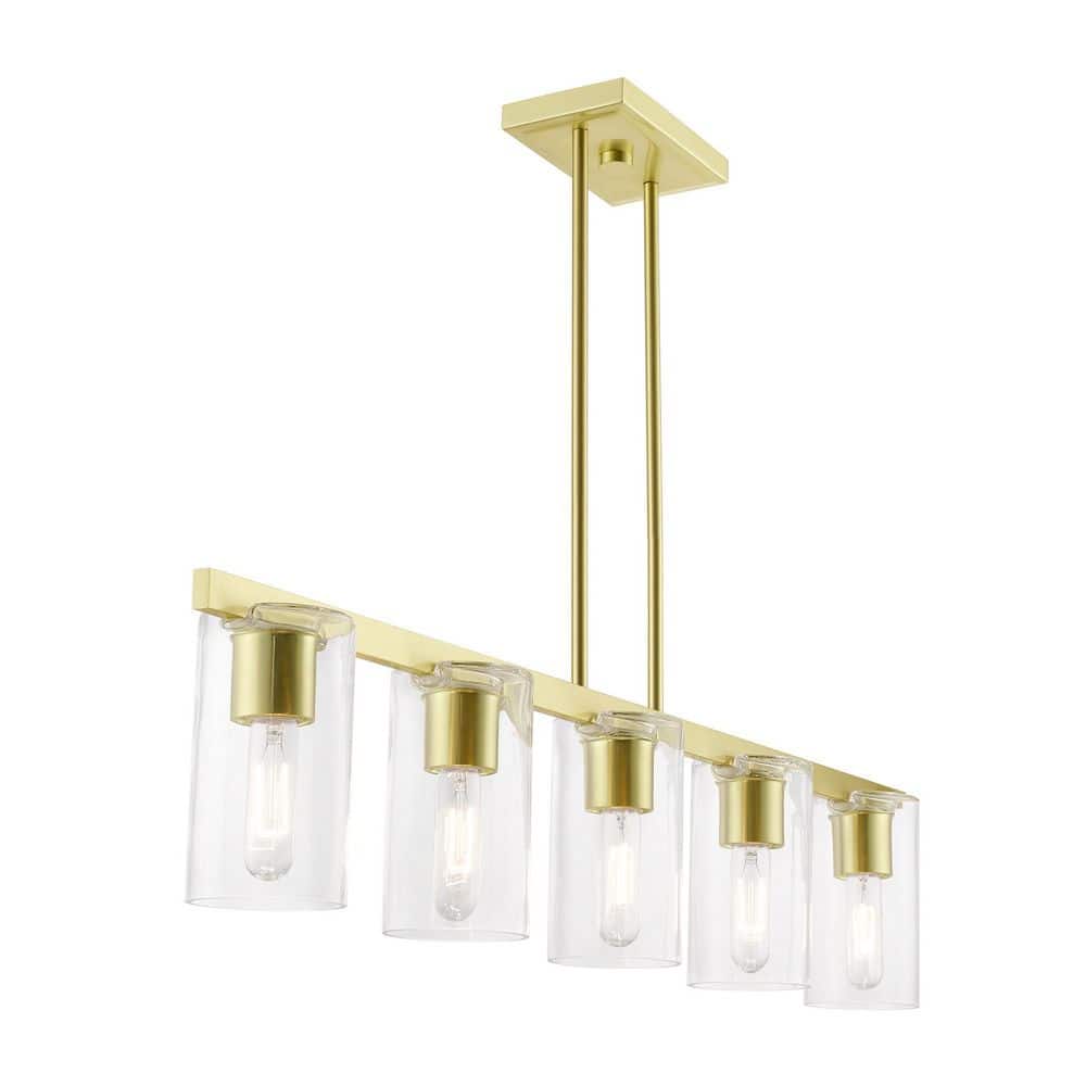 Clarion Sleek Satin Brass 5-Light Linear Chandelier with Clear Glass