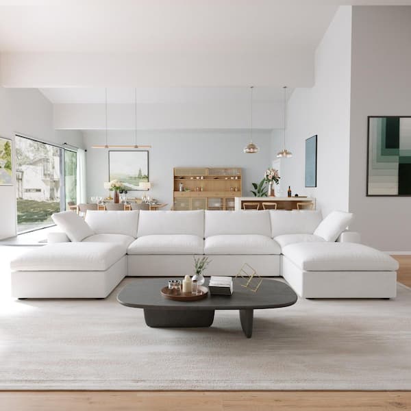 Modular 160.6 in. Deep Seat Linen Sectional Sofa with Storage and Removable Covers and Cushions in. White 6-Seater
