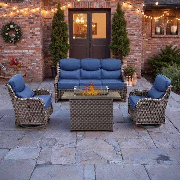 5 Seat 5-Piece Brown Wicker Outdoor Fire Pit Patio Set with Blue Cushions, Swivel Chairs and Fire Pit Table