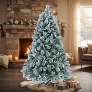 4 ft. Flocked Christmas Tree Artificial Tree w/ Pine Needles and Eucalyptus Leaves, 404-Tips,Hinged Branches,Metal Stand