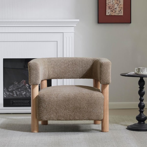 Light Camel Boucle Upholstered Arm Chair with Solid Rubber Wood Frame